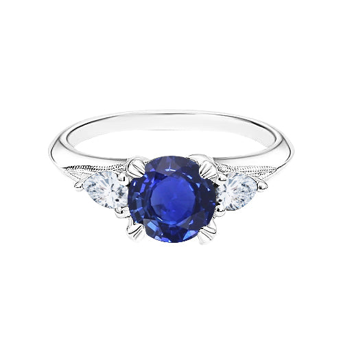 Blue Sapphire 3 Stone Round Sapphire Ring 1 Fancy Lady’s Vintage Style    Pear Diamonds