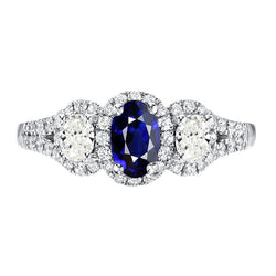 Oval Sapphire Halo Ring 3 Stone Style 3.50 Carats Split Shank Natural Earth Mined Diamonds