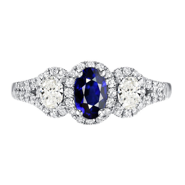 Oval Sapphire Halo Ring 3 Stone Style  Fancy Lady’s Vintage Style   Split Shank Diamonds