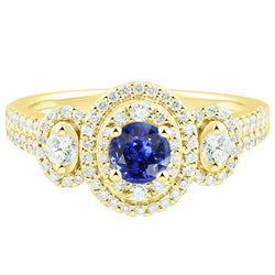 Double Halo Round Sapphire Ring Pave Set Natural Earth Mined Diamonds 4.50 Carats