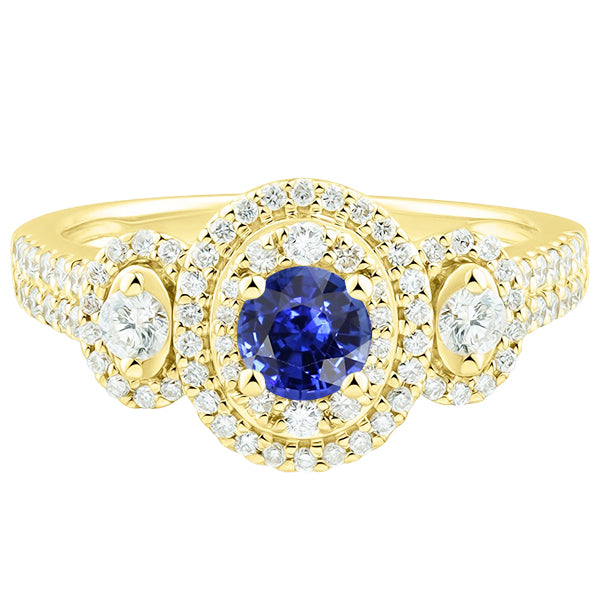 Double Halo Round Sapphire Ring Pave Set Diamonds  Fancy Lady’s Vintage Style   