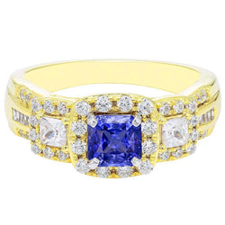 Halo Gemstone Ring Radiant Sapphire 5 Carats 14K Gold Natural Earth Mined Diamonds