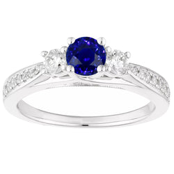 Ladies 3 Stone Style Natural Earth Mined Diamond Ring Round Blue Sapphire Gold 5 Carats