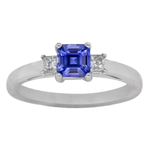  Ladies Brilliant Sparkling  Asscher Sapphire & Princess 3 Stone Ring