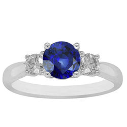 Ladies Gemstone Ring Round Natural Earth Mined Diamonds & Blue Sapphire 3 Stone 2 Carats