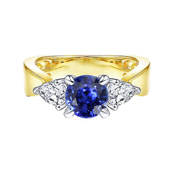 Pear Natural Earth Mined Diamond 3 Stone Blue Sapphire Ring 2 Carats Two Tone Prong Sets
