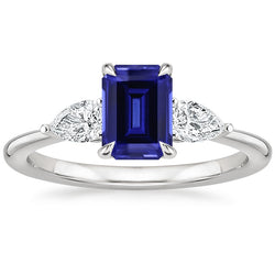 Gold 3 Stone Ring Emerald Cut Blue Sapphire & Pear Diamond 3.50 Carats
