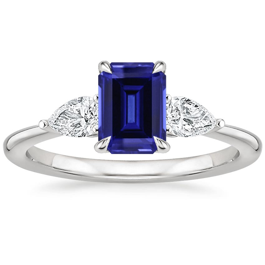 Gold 3 Stone High Quality Fancy  Ring Emerald Cut Blue Sapphire & Pear Diamond