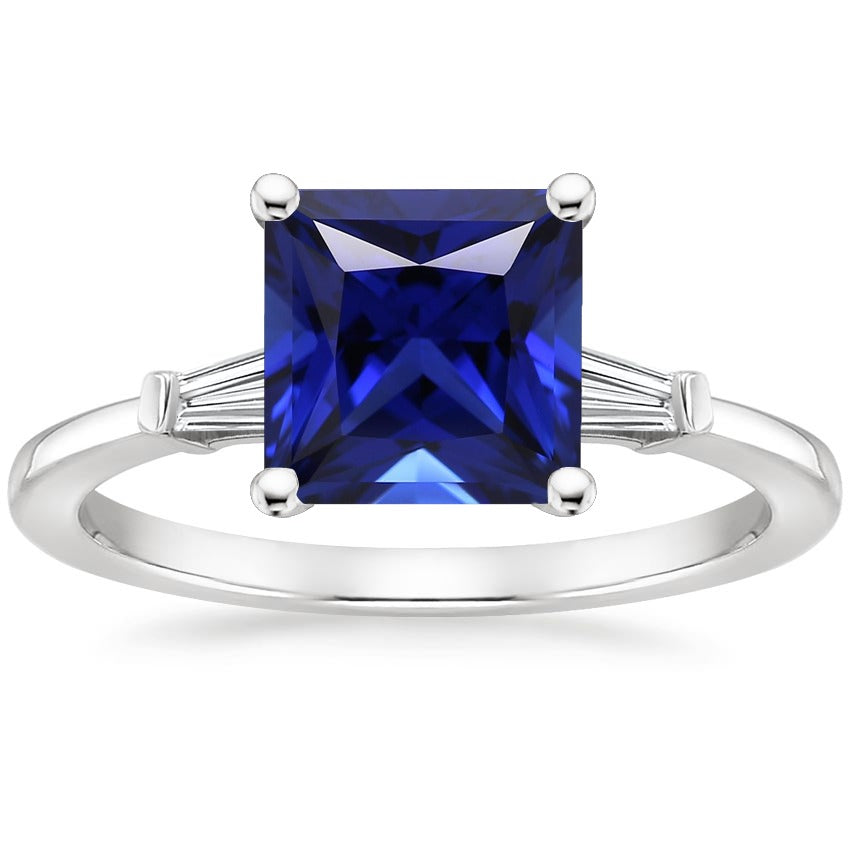 Three Stone Ring Princess Blue Sapphire & Baguette Natural Earth Mined Diamonds 5.25 Carat