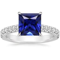 Solitaire Princess Blue Sapphire With Accents Ring 6 Carats Pave Set