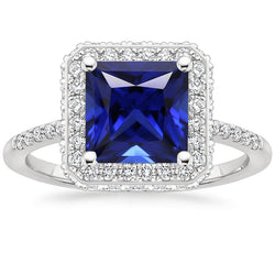 Round Diamond Halo Ring With Princess Cut Blue Sapphire Center 6 Carat