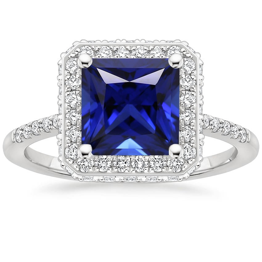 Round Natural Earth Mined Diamond Halo Ring With Princess Cut Blue Sapphire Center 6 Carat