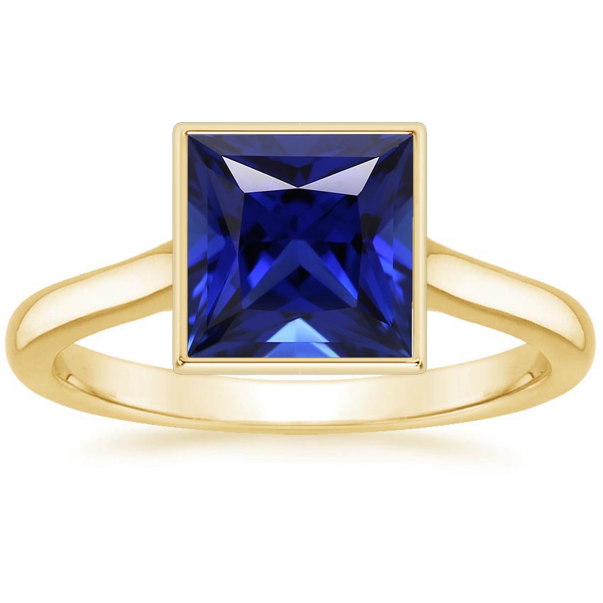  New High Quality Wedding  Yellow gold Solitaire Ring Princess Bezel Set Blue Sapphire