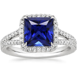 Halo Ring Blue Sapphire and Diamond 6.5 Carat Princess with Accent