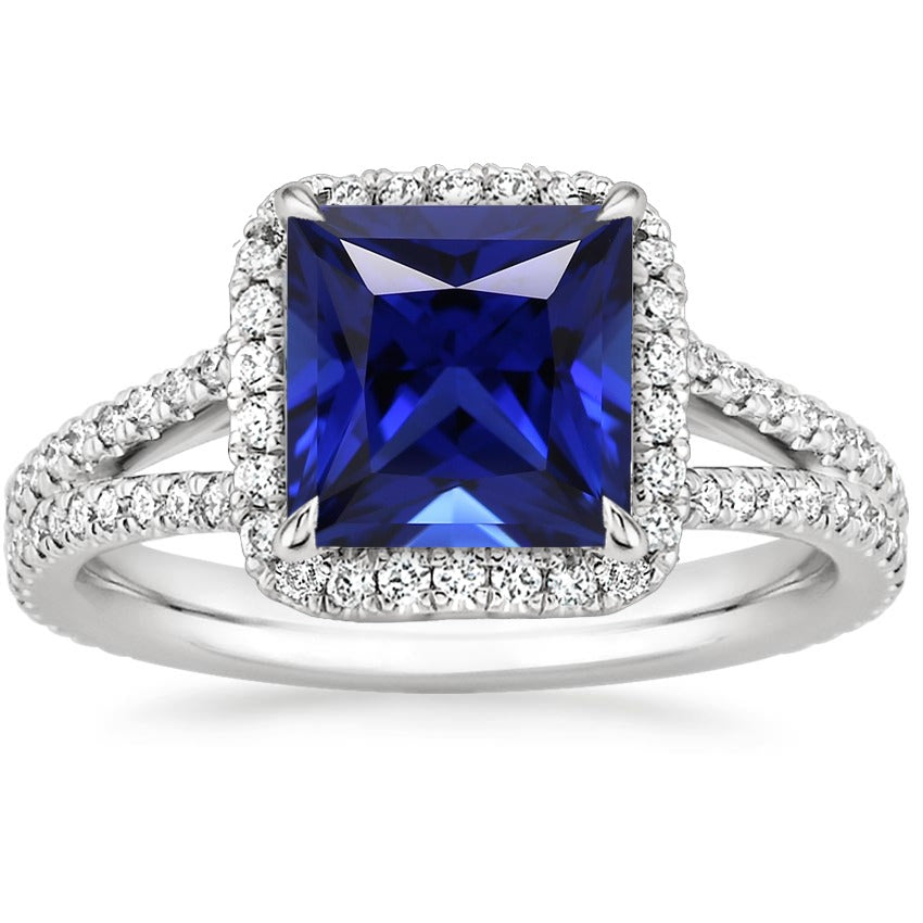Halo Ring  New High Quality Wedding   Blue Sapphire and Diamond  Princess with Accent
