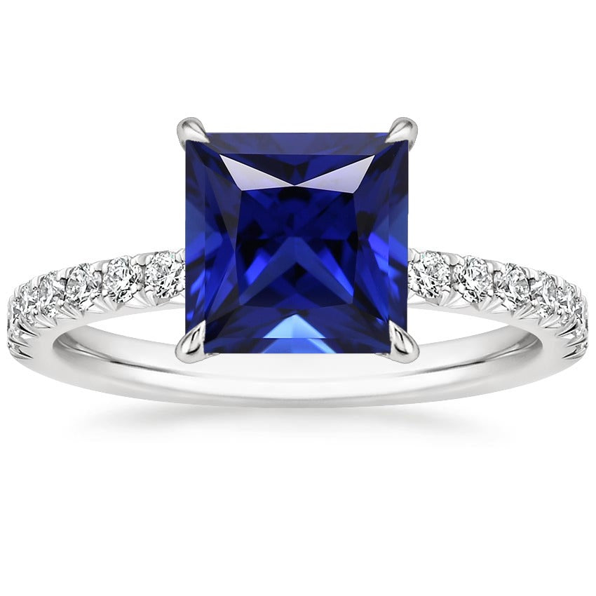  New High Quality Wedding  Blue Sapphire & Diamond Solitaire Accents Ring   Princess Cut