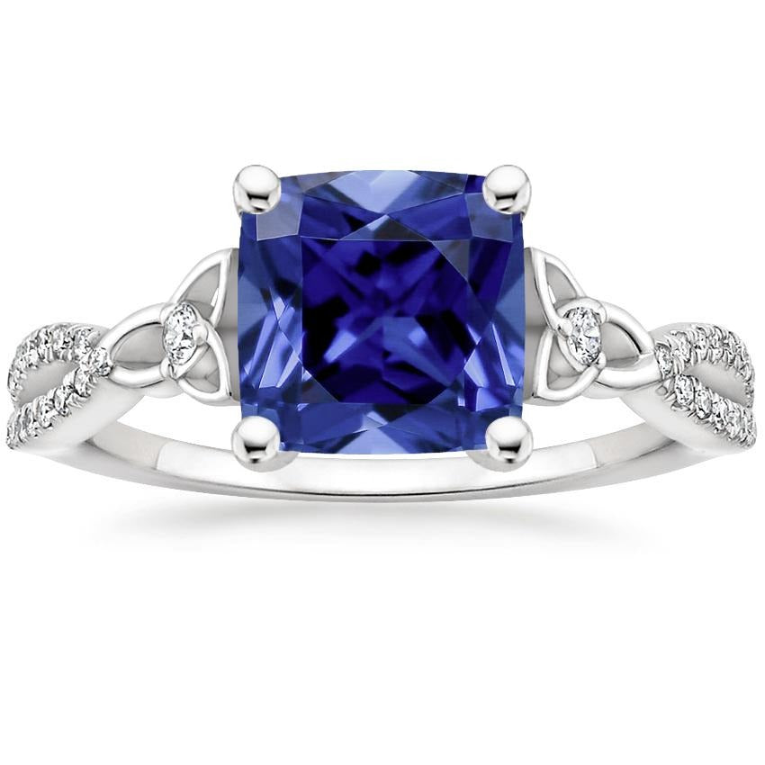 White Gold Females Stylish  Cushion Blue Ceylon Sapphire And Diamond Gemstone Ring