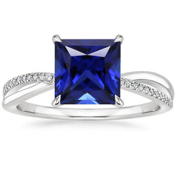 Natural Earth Mined Diamond Halo Ring Ceylon Sapphire 5.50 Carat Princess with Accents