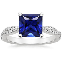 Princess Solitaire Accents Ring Ceylon Sapphire & Diamonds 6 Carats