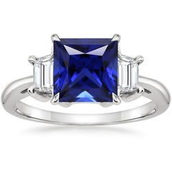 Three Stone Ring Princess Ceylon Sapphire and Natural Earth Mined Diamond 5.25 Carat