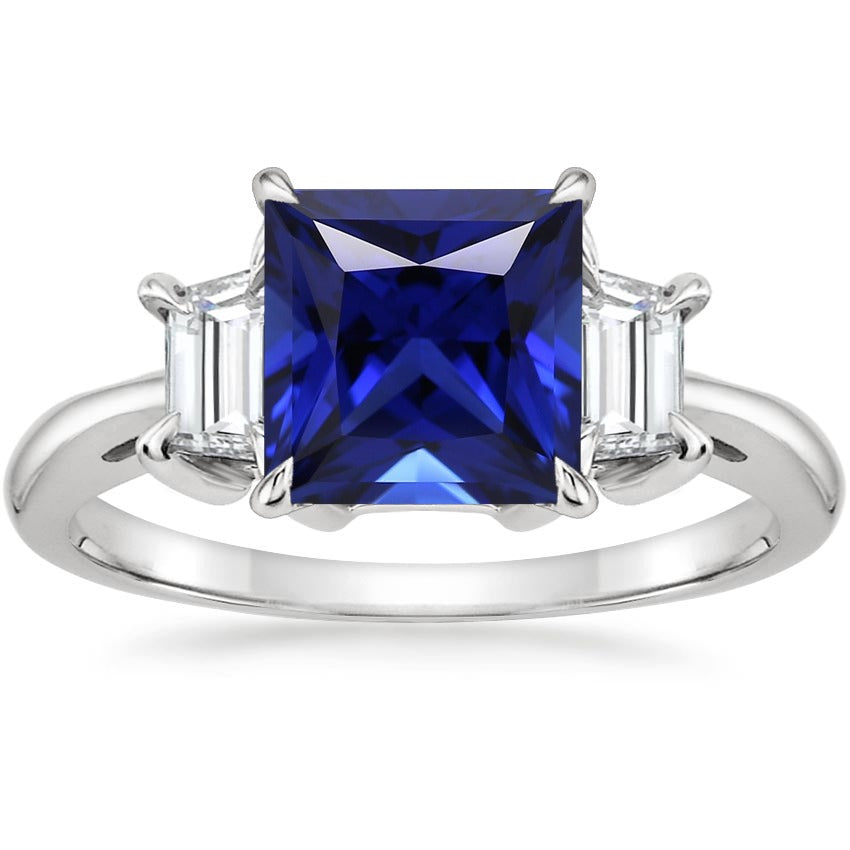 Best Quality New Three Stone Ring Princess Ceylon Sapphire and Diamond