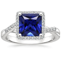 Halo Ceylon Sapphire & Diamond Ring 6 Carat Princess Cut With Accents