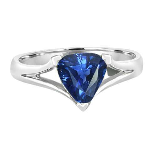 Solitaire Gold Ring Trillion Ceylon Sapphire V Split Shank Half bazel fancy Engagement  