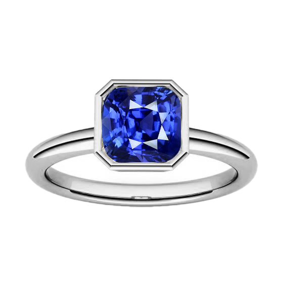 Gemstone Solitaire Ring Cushion Bezel Set Blue Sapphire Half bazel fancy Engagement  