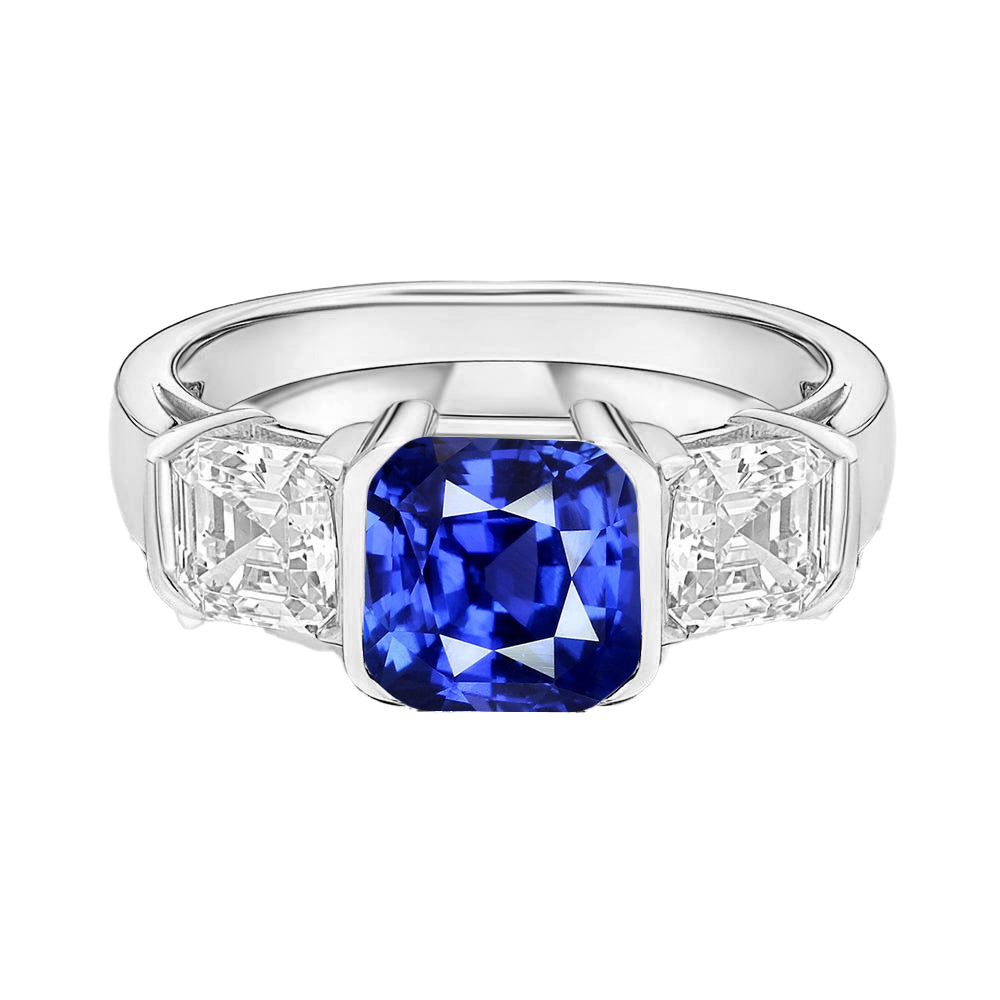 Asscher Diamond 3 Stone Ring  True classic fancy Sri Lankan Sapphire Gold Jewelry