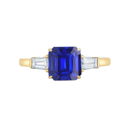 Yellow Gold Diamond Ring  Ladies New weeding   Asscher Cut Ceylon Sapphire 3 Stone