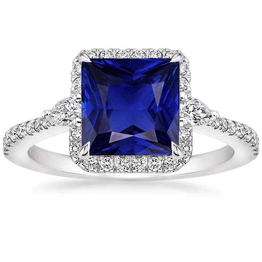 High Quality Unique Gold Halo Diamond Ring Princess Blue Sapphire With Accents