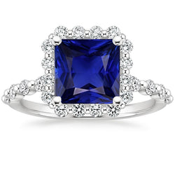 Gold Diamond Ring Halo Flower Style Princess Blue Sapphire 6.25 Carats