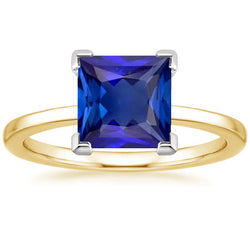 Two Tone Solitaire Gemstone Ring Princess Cut Ceylon Sapphire 5 Carats