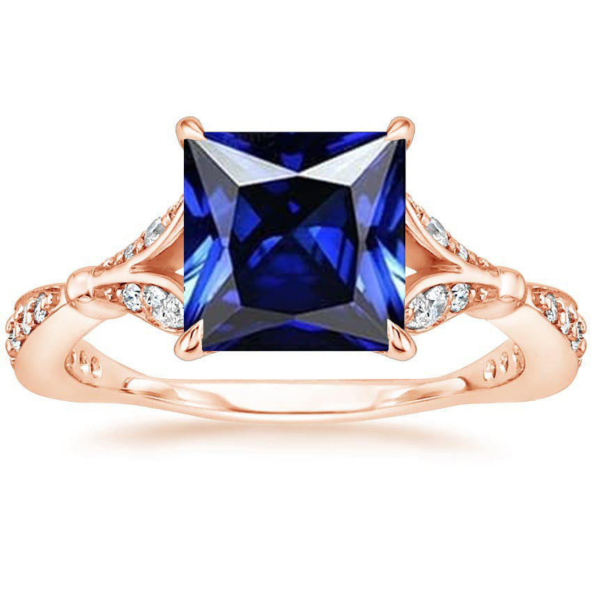 Best STylish LAdies Rose Gold Ring With Accents Princess Cut Blue Sapphire