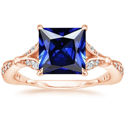 Best STylish LAdies Rose Gold Ring With Accents Princess Cut Blue Sapphire