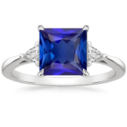 3 Stone Ring Princess Blue Sapphire & Trillion Cut Natural Earth Mined Diamonds 5.50 Carat