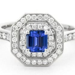 Double Halo Emerald Sapphire Ring 2.50 Carats Round Diamonds Prong Set