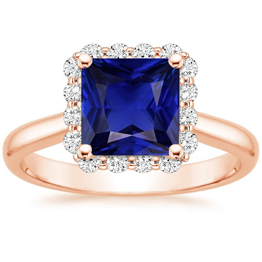Stylish Amazing Ring Rose Gold Halo Diamond Engagement Ring With Ceylon Sapphire