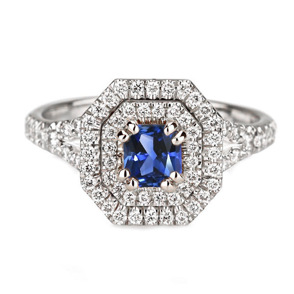 Halo Diamond Sapphire Ring Radiant Cut Gold Split Shank 3.50 Carats