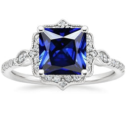 Halo Natural Earth Mined Diamond Ring Vintage Style Ceylon Sapphire Princess Cut 6 Carats
