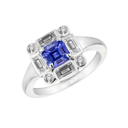 Halo Blue Sapphire Ring 3 Carats Bezel Set Baguette & Round Diamonds
