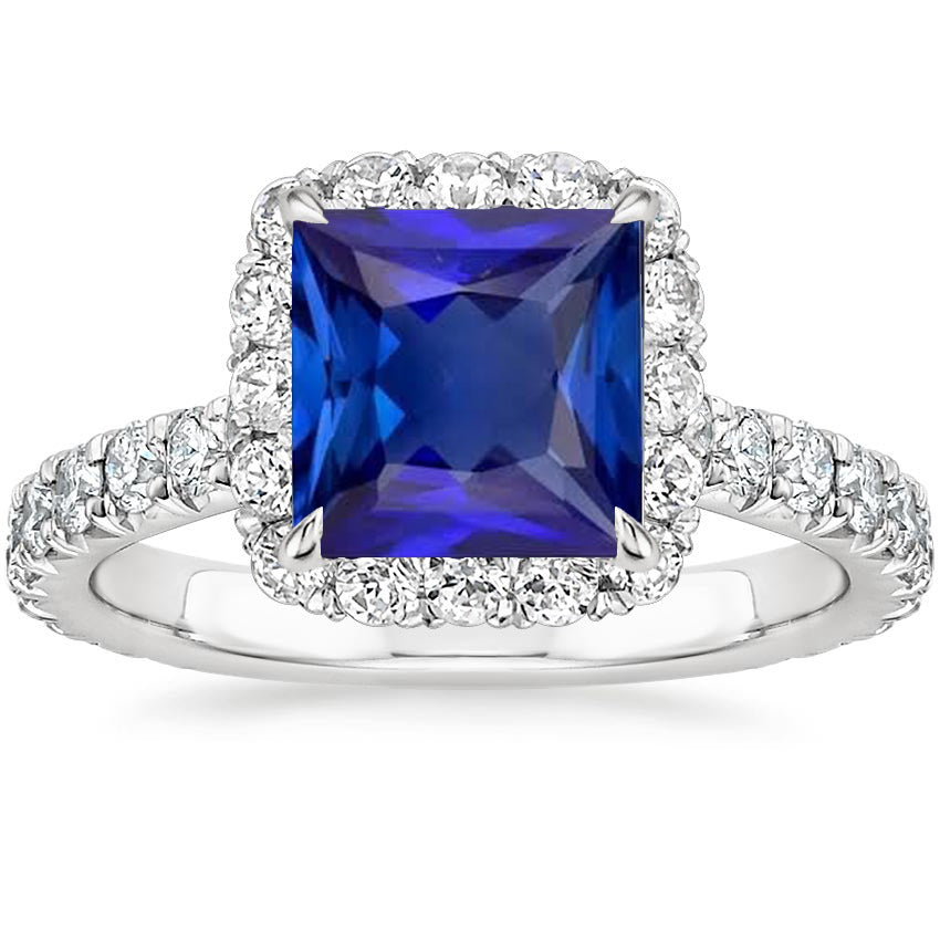 Antique Lady’s   Halo Engagement Ring Princess Blue Sapphire With Accents