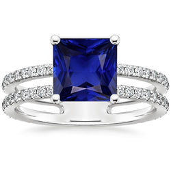 Natural Earth Mined Diamond Ring Princess Cut Sapphire With Accents Split Shank 6 Carats