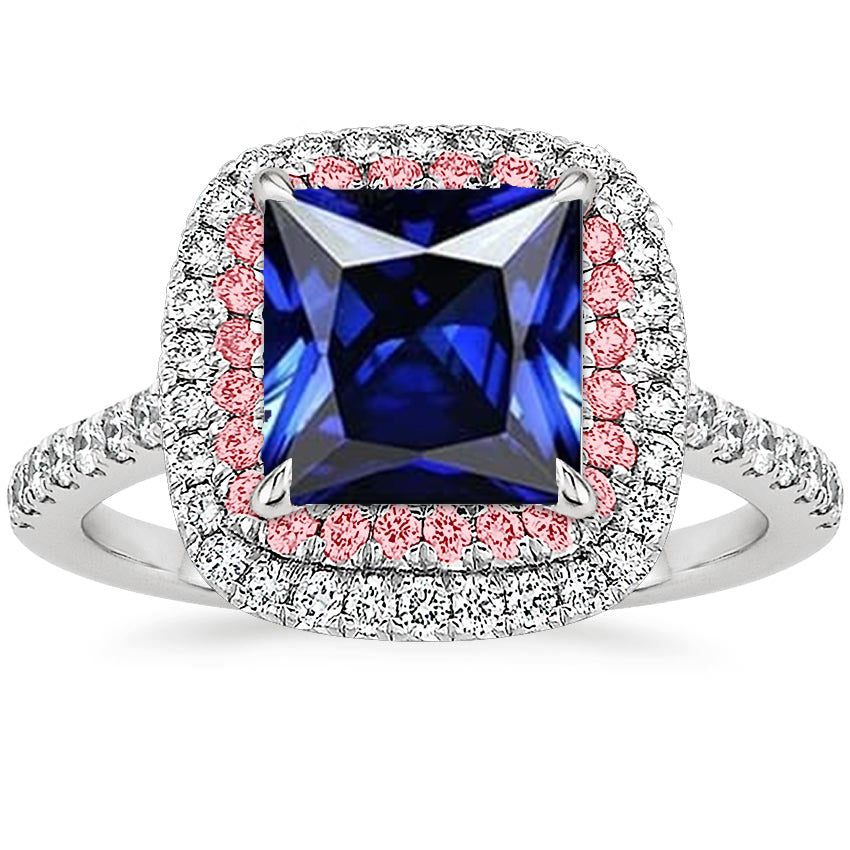 Fancy Sparkling Gemstone Diamond Ring Blue & Pink Sapphire Double Halo 