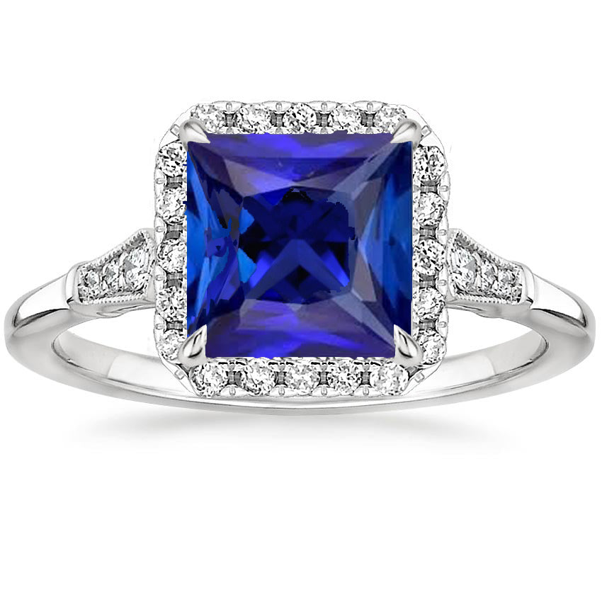Antique Style Fancy Sparkling Halo Diamond & Ceylon Sapphire Ring White Gold
