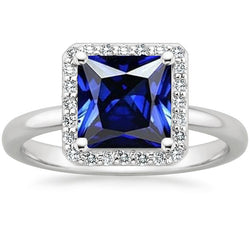 Women White Gold Diamond Halo Princess Blue Sapphire Ring 5.50 Carats