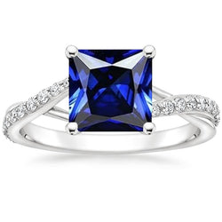 Diamond Gold Jewelry Princess Blue Sapphire Ring With Accents 6 Carats