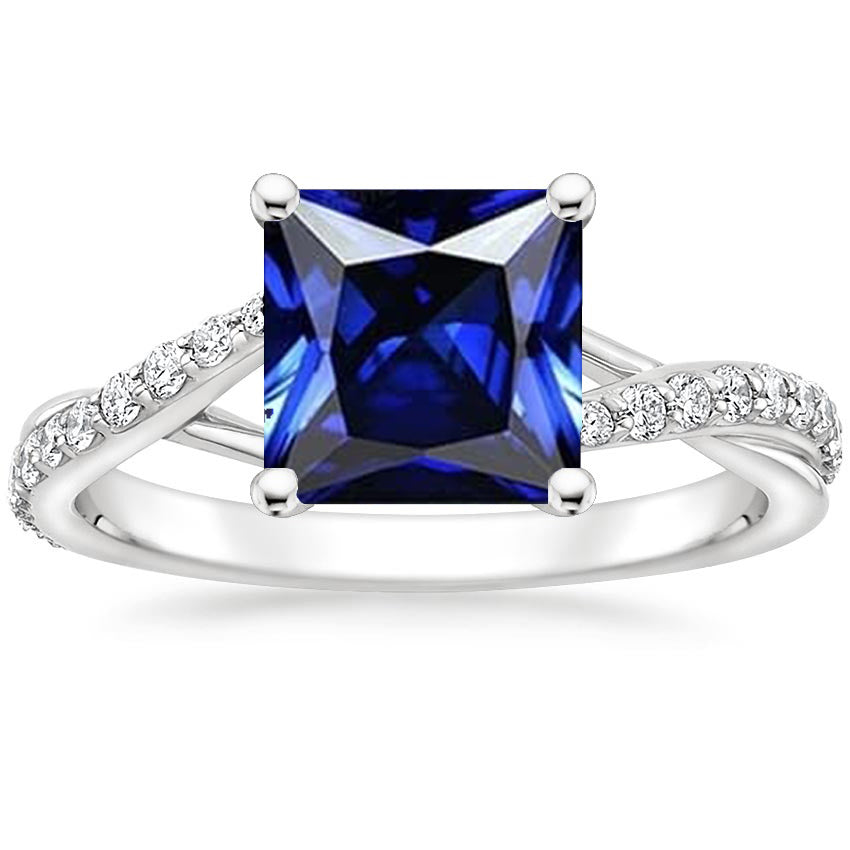 Diamond Gold Jewelry Fancy Sparkling Princess Blue Sapphire Ring With Accents