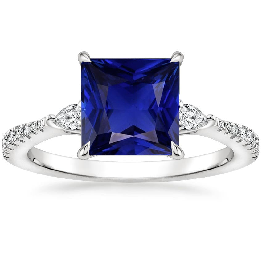 Lady’s Brilliant Engagement Solitaire Princess Blue Sapphire Pear & Round Diamond Accents