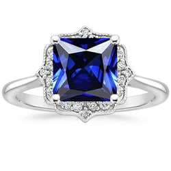 Vintage Style Diamond Halo Ring Ceylon Sapphire Gemstone 6 Carats Gold